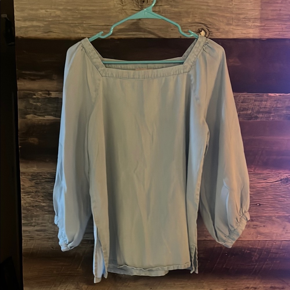 LOFT light blue denim Puff Sleeve Smocked Blouse